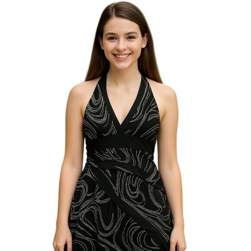 La Belle Black & Silver Halter Cocktail Dress Metallic Swirl‎ Pattern Dress S